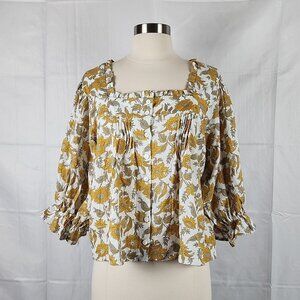 CUPCAKES AND CASHMERE linen blend mustard floral blouse with puff sleeves